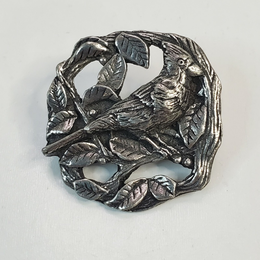 Vtg Birds & Blooms 1999 Old World Cardinal Bird on Branch Pin Brooch Silver Tone